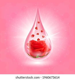 Rose collagen and vitamin serum extracted. Realistic flower natural organic cosmetic. Beauty cosmetic product. 3D Vector EPS10 illustration