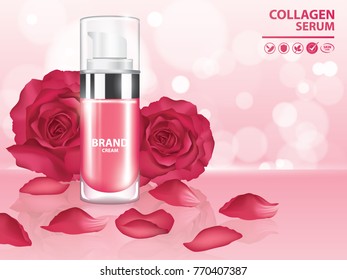 Rose collagen vitamin skin care cream , serum vector illustration