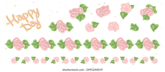 Rose collection. Cake cream decoration floral elements. Flower border set. Retro trendy style. Hand drawn isolated vector illustration. Party, birthday, wedding celebration design