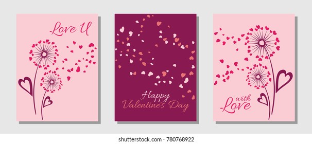 Rose color dandelion flowers valentine template for cards, vector layouts set. With Love, Happy Valentine's Day text on card layouts. Heart shaped flying petals, love symbols. Dandelion blowing, text.