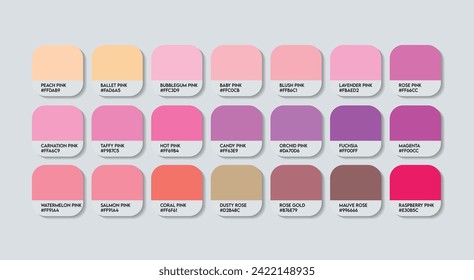 Paleta Guía de color rosa con nombres de color. Ejemplos de catálogo Rosa con códigos RGB HEX y nombres. Vector de paleta de colores de rosa de metal, paleta de colores de rosa de madera y plástico, paleta de colores rosa trenzado de moda