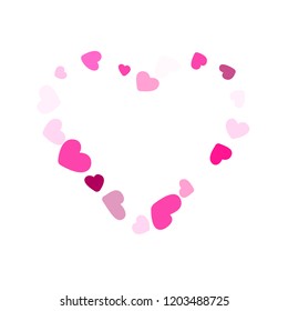 Rose color hearts confetti frame border Valentines Day vector background. Modern falling hearts scatter illustration. Love concert holiday graphic design.