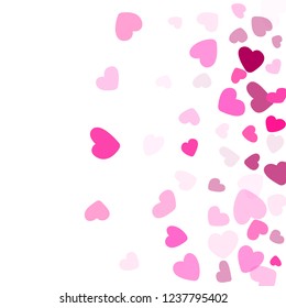 Rose color hearts confetti frame border Valentines Day vector background. Lovely falling hearts shapes illustration. Love concert party graphic design.