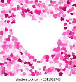 Rose color hearts confetti frame border wedding event vector background. Lovely flying hearts shapes illustration. Love concert party graphic design.