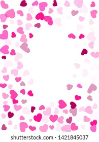 Rose color hearts confetti frame border wedding vector background. Modern falling hearts scatter illustration. Love concert holiday graphic design.