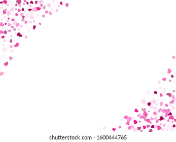 Rose color hearts confetti frame border love symbols vector background. Sweetly falling hearts isolated graphic design. 