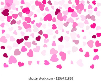 Rose color hearts confetti Valentines Day vector background. Fascinating falling hearts scatter illustration. Love concert holiday graphic design.