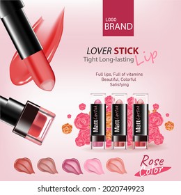 Rose color tone lipstick with cosmetics and flowers. Top view on pink background, rose flower and other effect