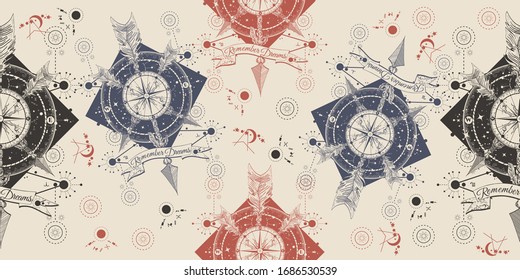 Rose compass and crossed arrows, seamless pattern. Packing old paper, scrapbooking style. Vintage background. Medieval manuscript, engraving art. Magical symbols traveler, dreamer, hunting, astrology 