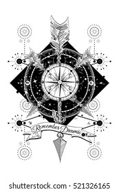 Rose compass and crossed arrows tattoo. Boho style, adventure, travel. Magical symbols traveler, dreamer, hunting, astrology, alchemy, meditation t-shirt design