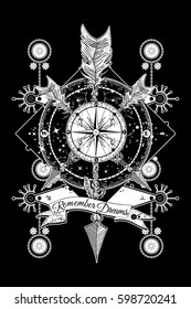 Rose compass and crossed arrows tattoo. Boho style, adventure, travel. Magical symbols traveler, dreamer, hunting, astrology, alchemy, meditation t-shirt design 