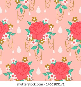 Rose composition on a pink background, in a seamless pattern design, that can be used both on the web or in print for surface design