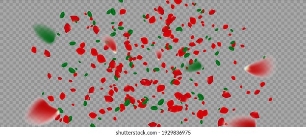 The rose confetti on transparent background. Ped flowers blossom. Romantic creative composition. Love concept.
