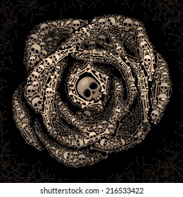 Rose consist of skulls and bones on dark background. Eps8. CMYK. Global colors. Gradients free.