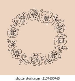 Rose continuous line wreath, outline sketch style vector abstract art.