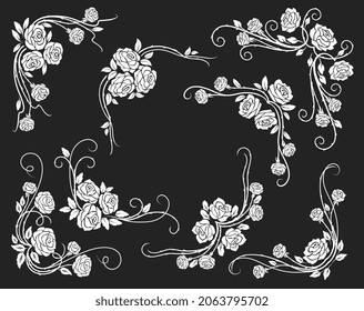 Rose corners and borders, dividers with scrolls, leaves and flower buds. White rose floral vintage vector swirls and flourish ornaments or embellishments for wedding or marriage decoration