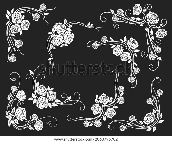 Rose\
corners and borders, dividers with scrolls, leaves and flower buds.\
White rose floral vintage vector swirls and flourish ornaments or\
embellishments for wedding or marriage\
decoration
