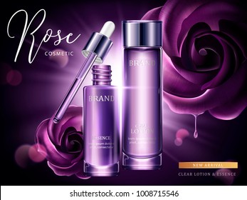 Rose cosmetic ads, droplet and glass bottle in purple with burst light in 3d illustration, purple roses Rose cosmetic ads, droplet and glass bottle in purple with burst light in 3d illustration, purple roses