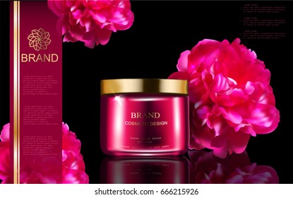 Rose Cosmetic ads template, vector realistic illustration cosmetic mockup  on the sky blue  background and rose flower elements. 