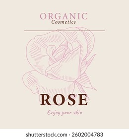 Rose cosmetics label card. Design template floral concept in gentle colors. Natural cosmetics ingredient. Hand drawn ink sketch plant from package design. Ecology concept in beauty industry.