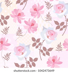 Rose and cosmos flowers on patchwork background. Seamless floral pattern. Vector illustration.