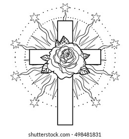 Rose   Cross: Rosicrucianism symbol  Blackwork tattoo flash isolated white  Sacred geometry  religion  Vector illustration isolated white  Tattoo design  mystic symbol  New World Order  