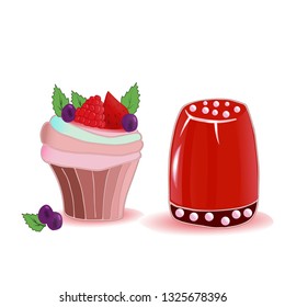 Rose cupcake with cream and berries. Red cheesecake with sweet pearls