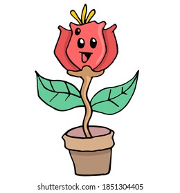 a rose with a cute face planted in a pot. cartoon illustration sticker mascot emoticon