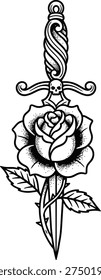 Ilustración de arte de línea de tatuaje de daga rosa