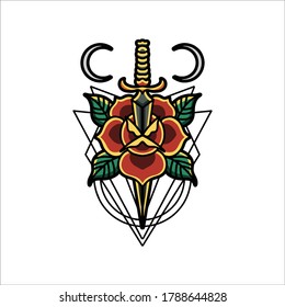 Rose und Dagger-Tattoo-Vektordesign für Handelsartikel