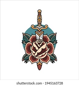 rose and dagger tattoo vector design