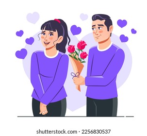 Rose Day concept with romantic couple enjoying. Flat style vector Illustration scene isolated on white background for blogging, website, mobile app, promotional materials. Boy giving rose to girl.