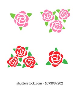 Rose decoration elements in art nouveau style. Flat pink and red roses with leaves single and grouped in three.