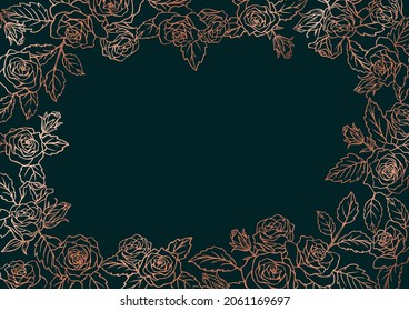 Rose decoration frame Pink gold line-drawing on moss-green