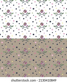 Patrón sin fisuras del doodle de rosa. Composición floral dibujada a mano, puntos de confeti, plantilla de repetición. Lilac, paleta de color verde. Fondo de color fácil de editar en gris o blanco. Vector