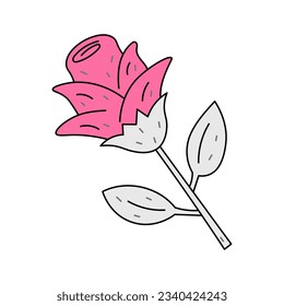 Rosa al estilo doodle. Flor dibujada a mano con hojas. Ilustración vectorial estilizada texturada con puntos para impresión, tarjeta de saludo, diseño de bodas
