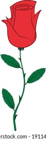 The rose is drawn cartoon. Red bud with green leaves.