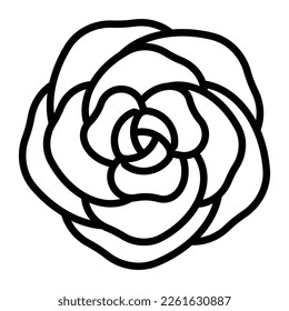 Rose, editable icon. Blooming flower bud. Valentines day symbol, romantic gift and sign of love. Gorgeous volume petals, top view. Perfect botanical illustration, thin strokes, flat vector, line icon