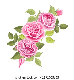 The rose elegant card. Beautiful bouquet of pink flowers and leaves. Floral arrangement isolated on background. Design greeting card and invitation of the wedding, birthday. Vector illustration. Paper