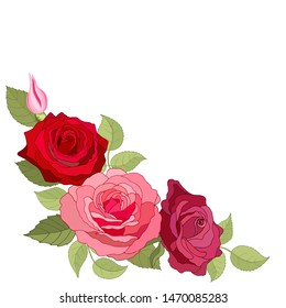 The rose elegant card. Beautiful bouquet of pink flowers and leaves. Floral arrangement isolated on background. Design greeting card and invitation of the wedding, birthday. Vector illustration. Paper