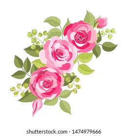 The rose elegant card. Beautiful bouquet of pink flowers and leaves. Floral arrangement isolated on background. Design greeting card and invitation of the wedding, birthday. Red. Vector illustration. 