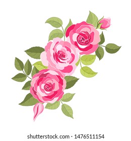 The rose elegant card. Beautiful bouquet of pink flowers and leaves. Floral arrangement isolated on background. Design greeting card and invitation of the wedding, birthday. Red. Vector illustration. 