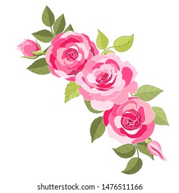 The rose elegant card. Beautiful bouquet of pink flowers and leaves. Floral arrangement isolated on background. Design greeting card and invitation of the wedding, birthday. Red. Vector illustration. 