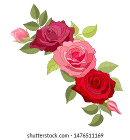 The rose elegant card. Beautiful bouquet of pink flowers and leaves. Floral arrangement isolated on background. Design greeting card and invitation of the wedding, birthday. Red. Vector illustration. 
