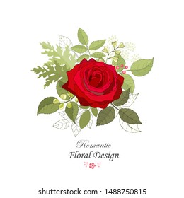 The rose elegant card. Beautiful bouquet of pink flowers and leaves. Floral arrangement isolated on background. Design greeting card and invitation of the wedding, birthday. Red. Vector illustration. 