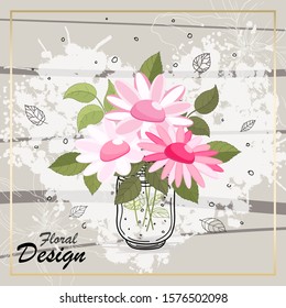 The rose elegant card. Beautiful bouquet with pink flowers and foxes. Doodle. Ribbon mason jar. Heart. Flower composition. Invitation of the wedding, birthday. Background. Vector illustration.
