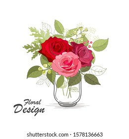 The rose elegant card. Beautiful bouquet with pink flowers and foxes. Doodle. Ribbon mason jar. Heart. Flower composition. Invitation of the wedding, birthday. Background. Vector illustration.