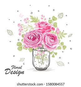 The rose elegant card. Beautiful bouquet with pink flowers and foxes. Doodle. Ribbon mason jar. Heart. Flower composition. Invitation of the wedding, birthday. Background. Vector illustration.