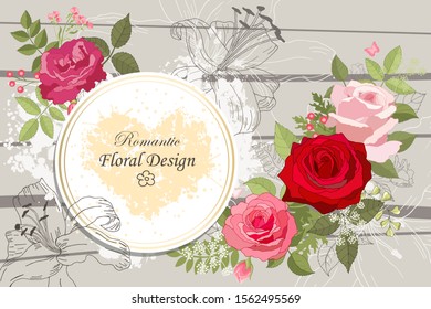 The rose elegant card. Doodle. Round frame with beautiful bouquet of pink flowers and leaves. Heart. Flower composition. Lily. Invitation of the wedding, birthday. Background. Vector illustration.  