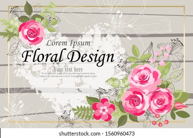 The rose elegant card. Doodle.  Square frame with beautiful bouquet of pink flowers and leaves. Heart. Flower composition. Lily. Invitation of the wedding, birthday. Background. Vector illustration.